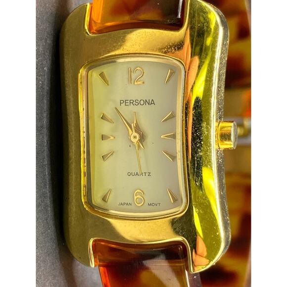 Persona Quartz Watch Women\'s Gold Tone Tortoise Brown Resin Bangle Cuff Bracelet main image 7